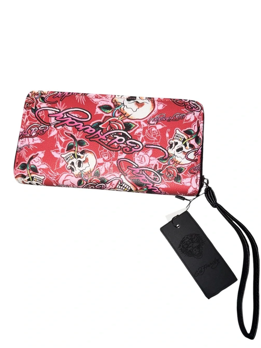 *new* Ed Hardy Skull & Rose Tattoo Print Zip Around Wristlet Wallet Clutch